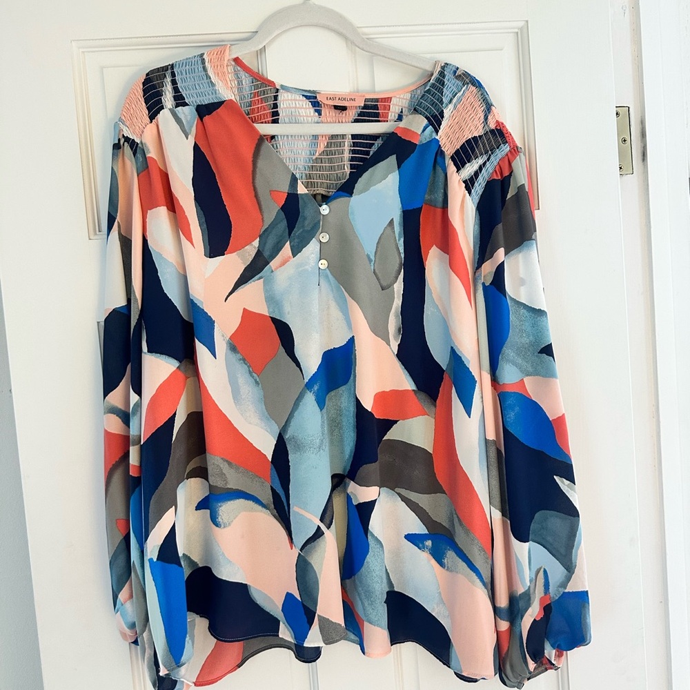 Pink and Blue Graphic Long Sleeve Blouse